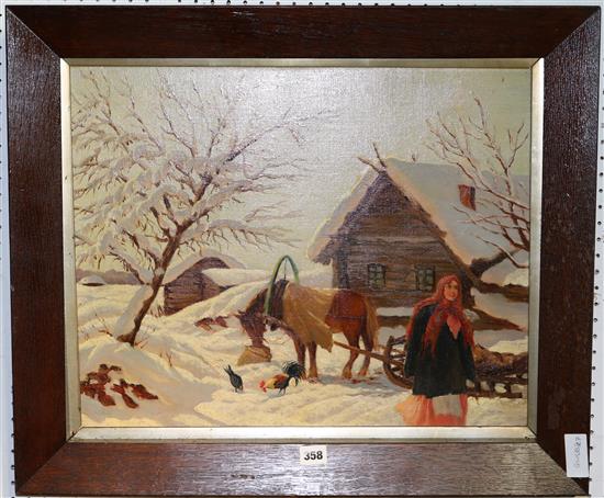 Oil - woman & horse in snow